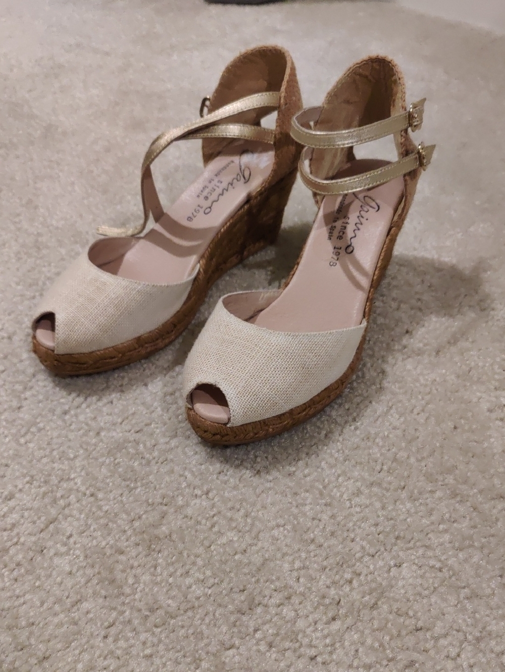 Gaimo Canvas Wedge Sandals Beige Gold Double Straps 39 Handmade In Spain Y2K